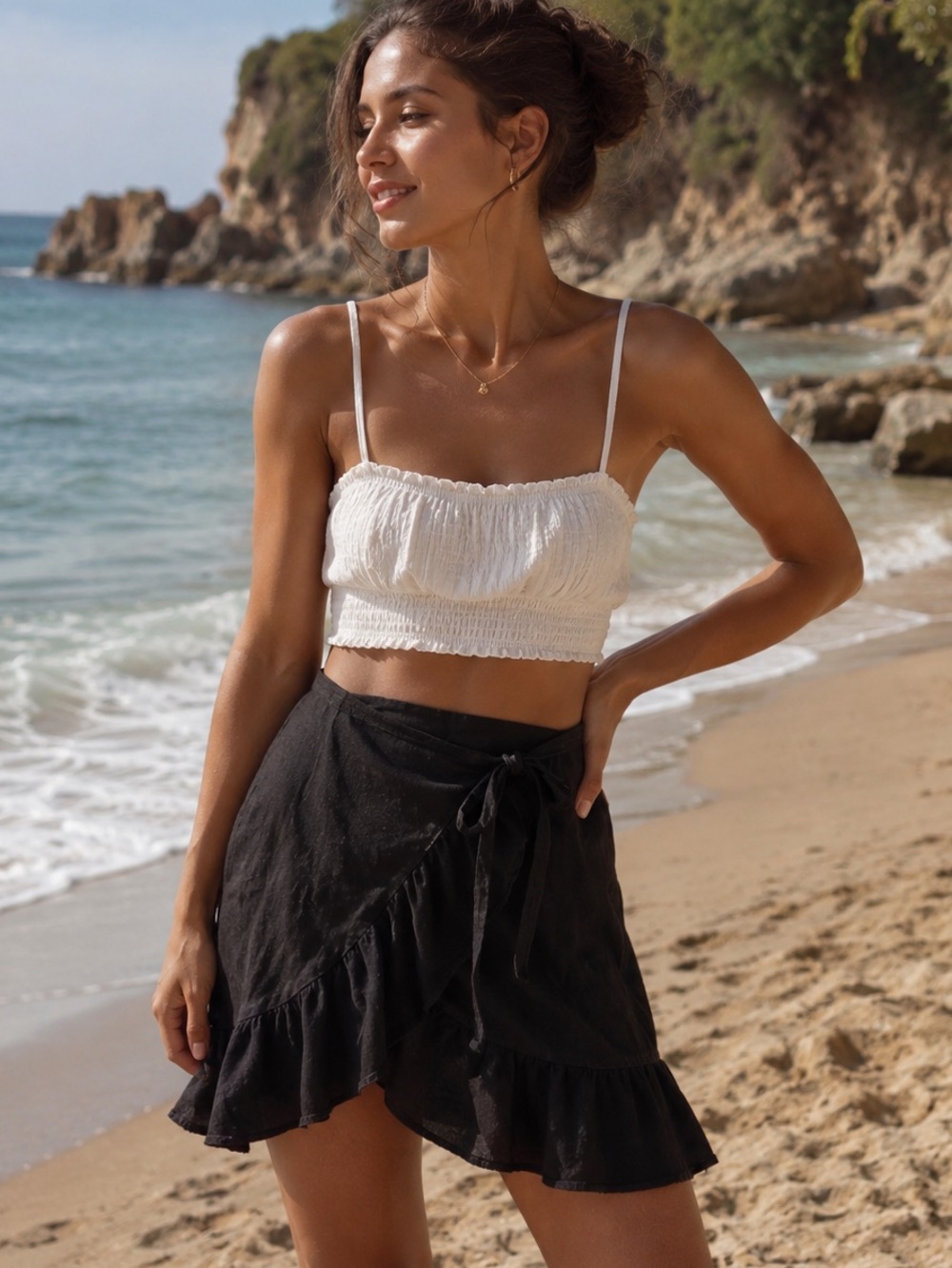 & Other Stories 100% Linen Black Wrap Mini Skirt Size US 4 Ruffle Hem Boho